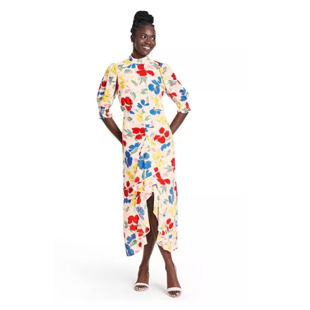 Floral Mock Neck Cascade Ruffle Dress - RIXO Targe